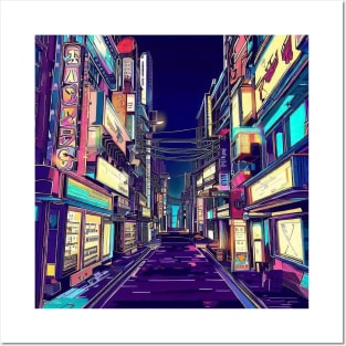 Anime japan street scene, urban, night view Posters and Art